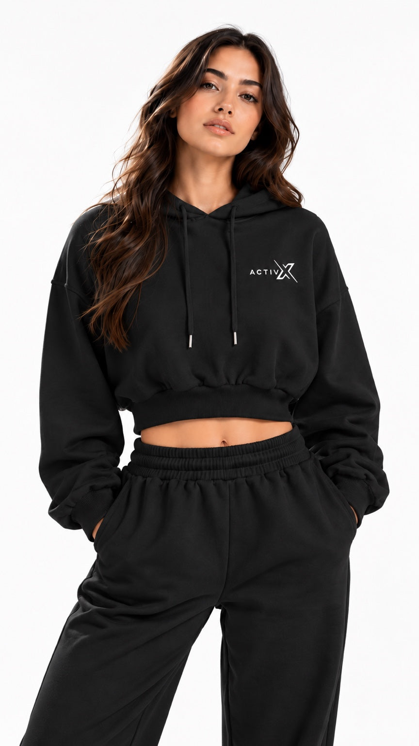 ACTIVX Cropped Hoodie in Black — front view