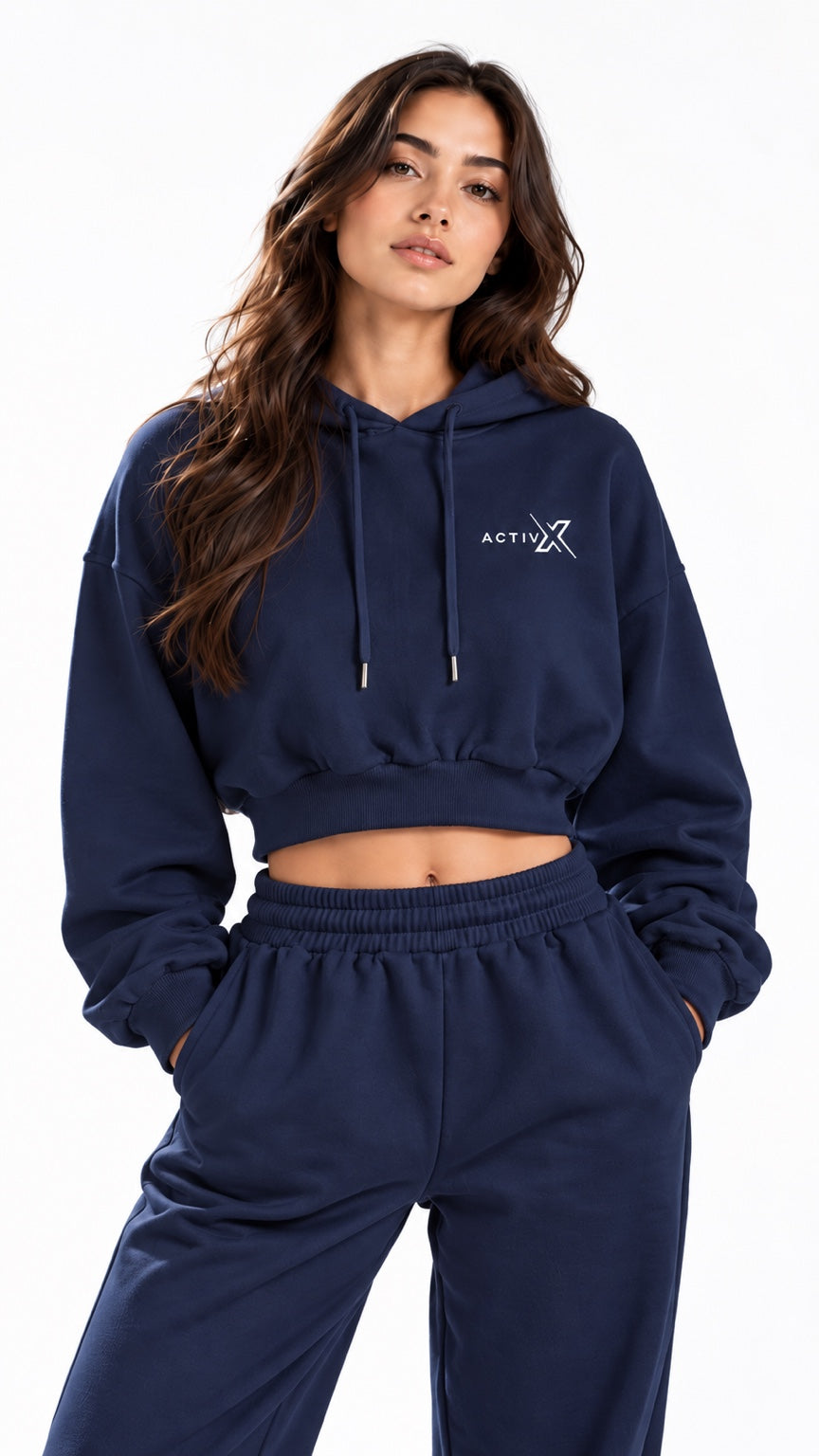 ACTIVX Cropped Hoodie in Navy — front view