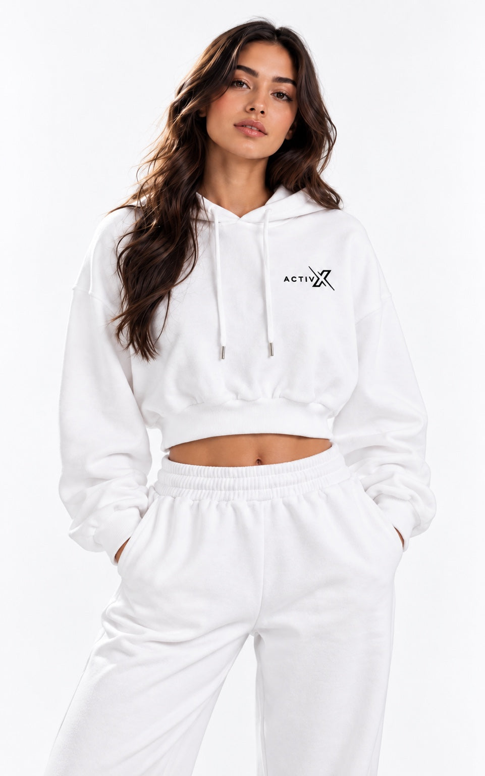 ACTIVX Cropped Hoodie in White — front view