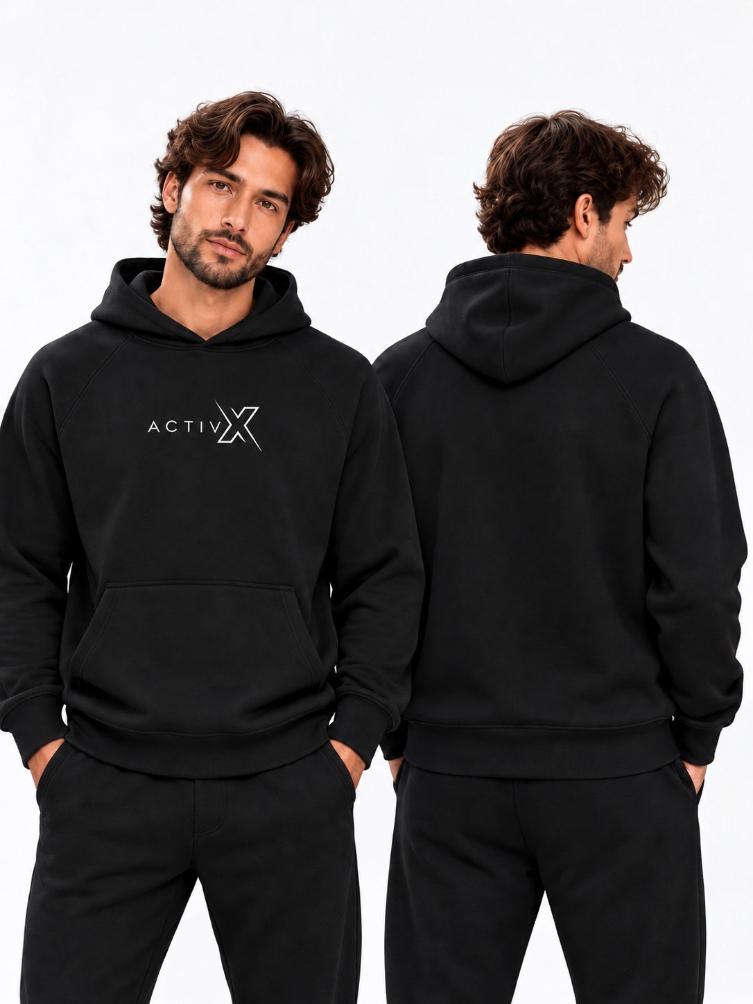 ACTIVX Men's Hoodie in Black — front and back, stringless hood