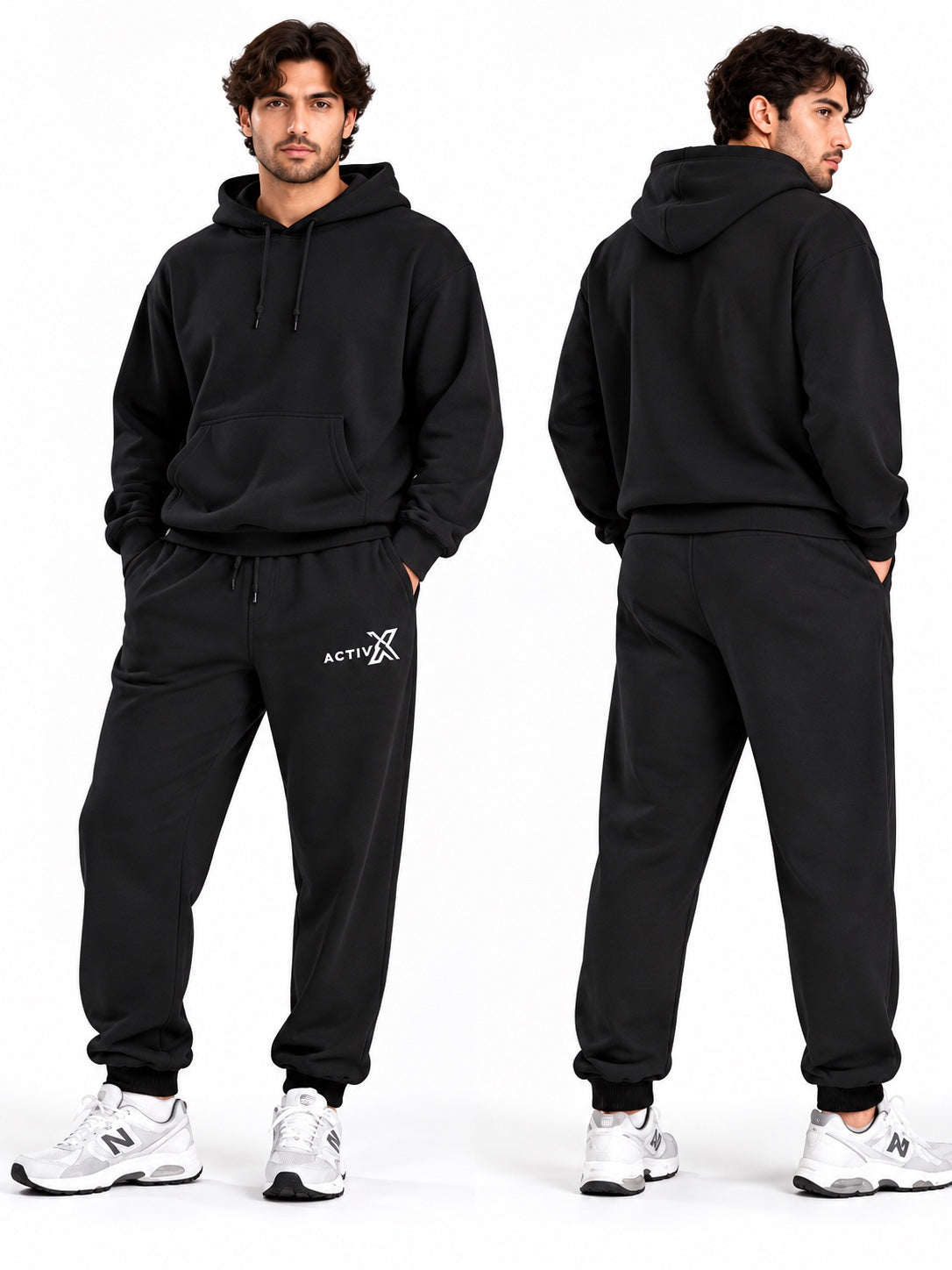 ACTIVX Men's Fleece Joggers in Black — front and back