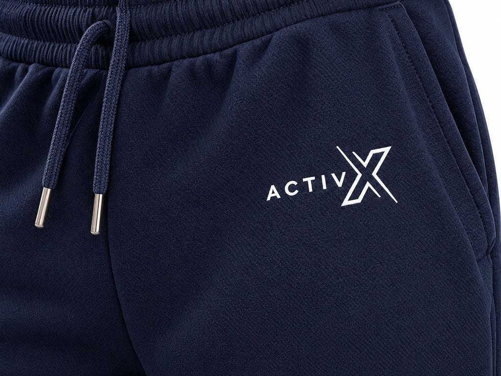 ACTIVX Men's Fleece Joggers in Navy — waistband and logo detail