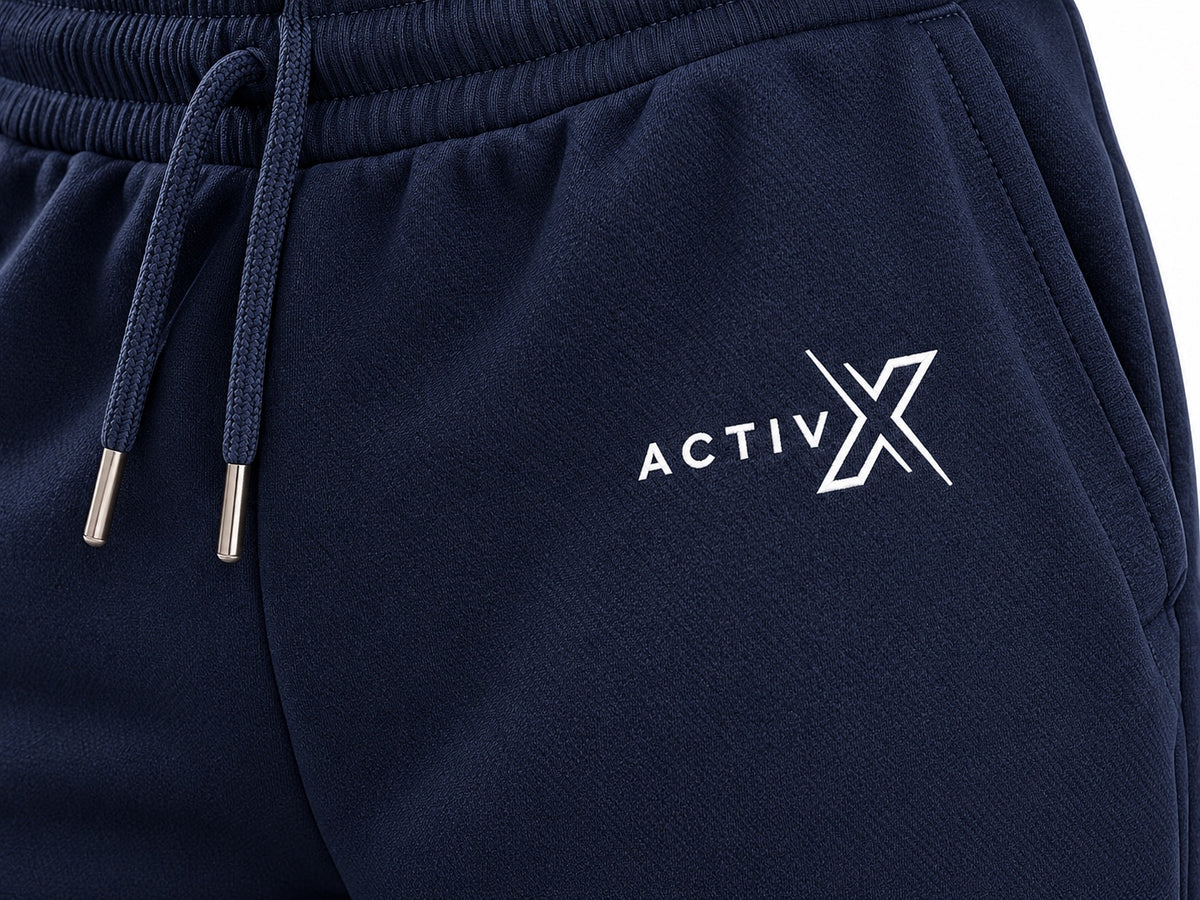 ACTIVX Men's Fleece Joggers in Navy — waistband and logo detail