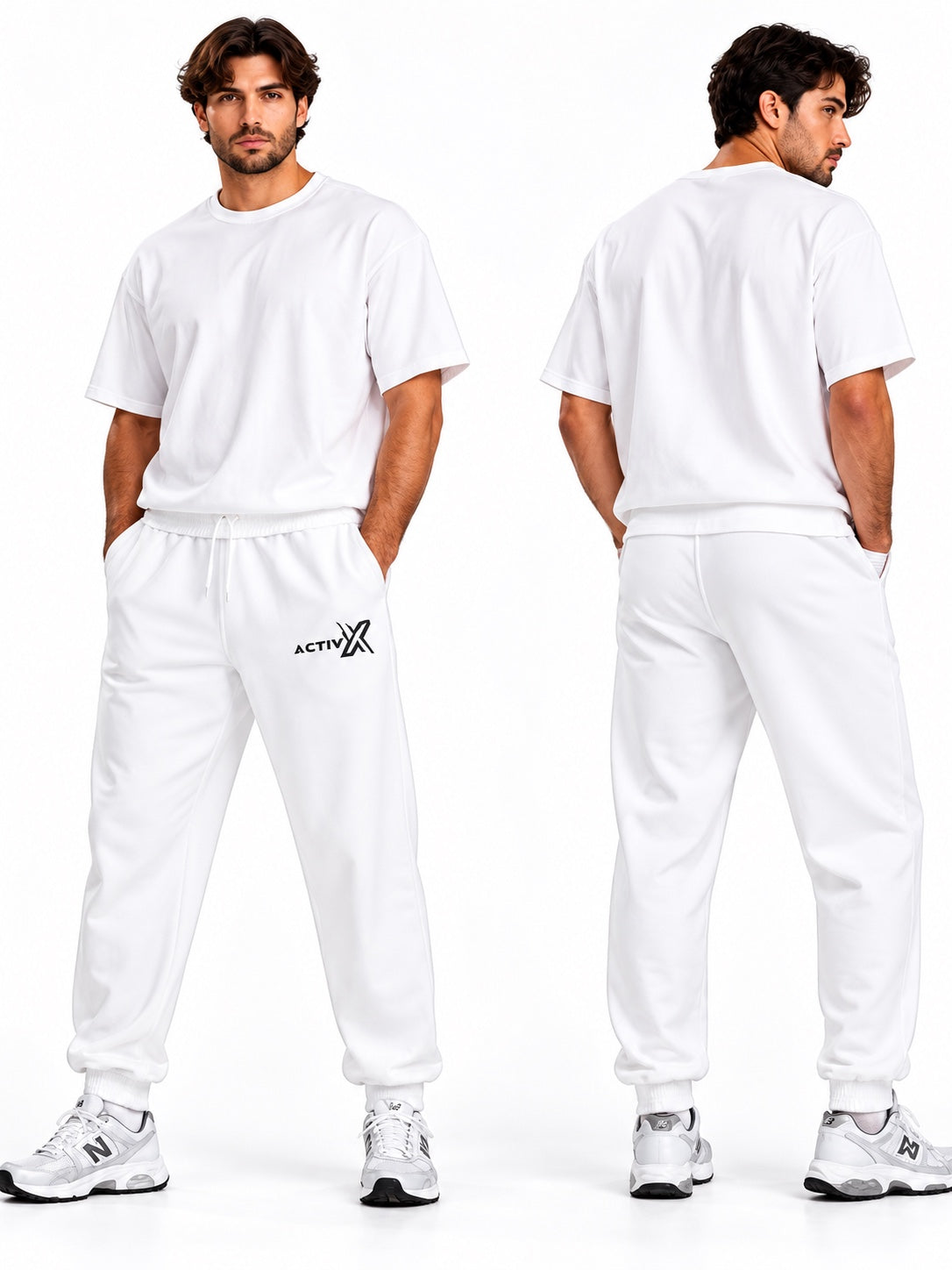 ACTIVX Men's Fleece Joggers in White — front and back