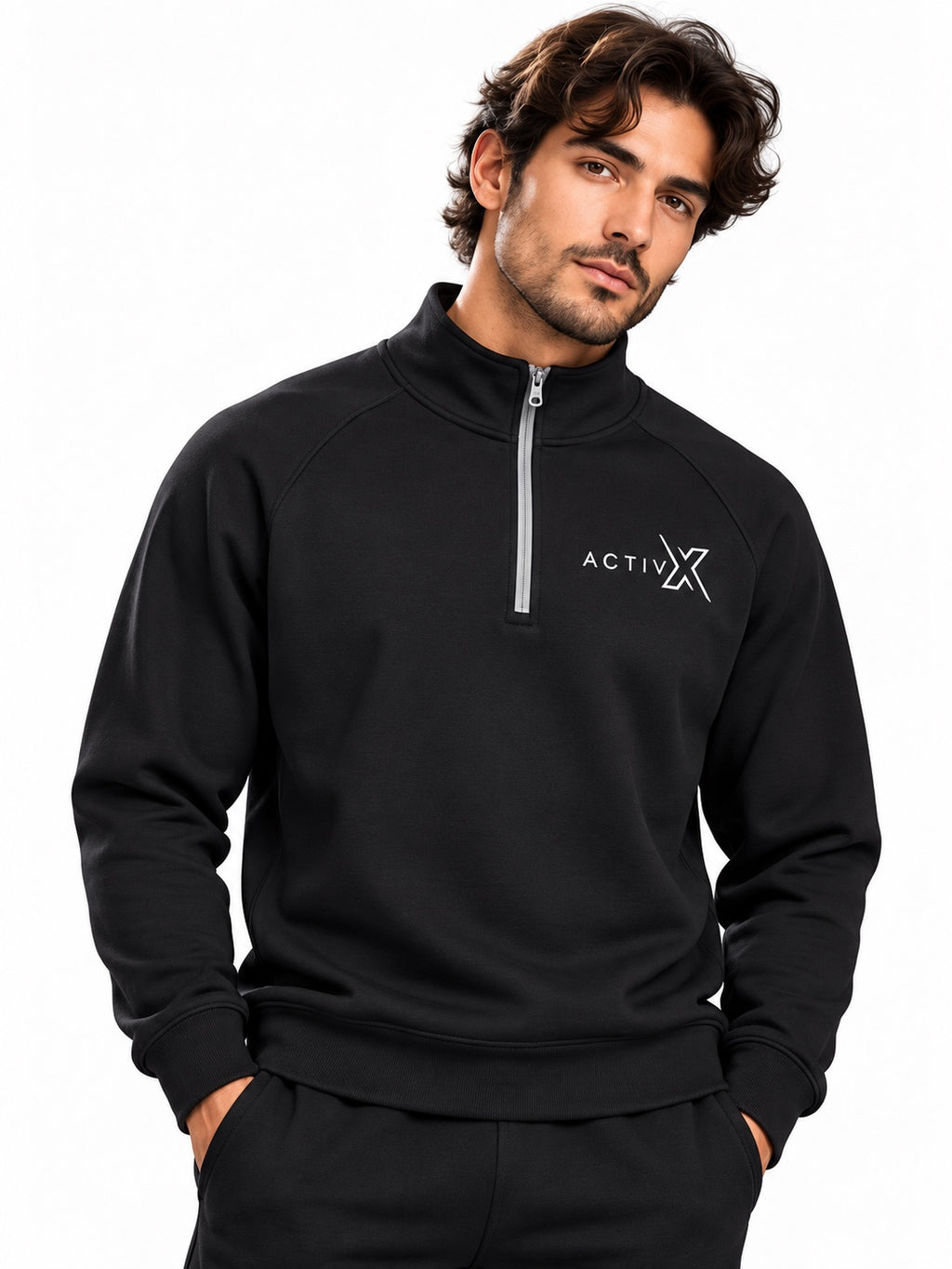 ACTIVX Men's Quarter Zip Sweatshirt in Black — front