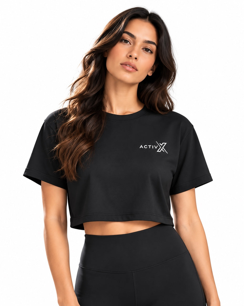 ACTIVX Women's Crop Top in Black — front view