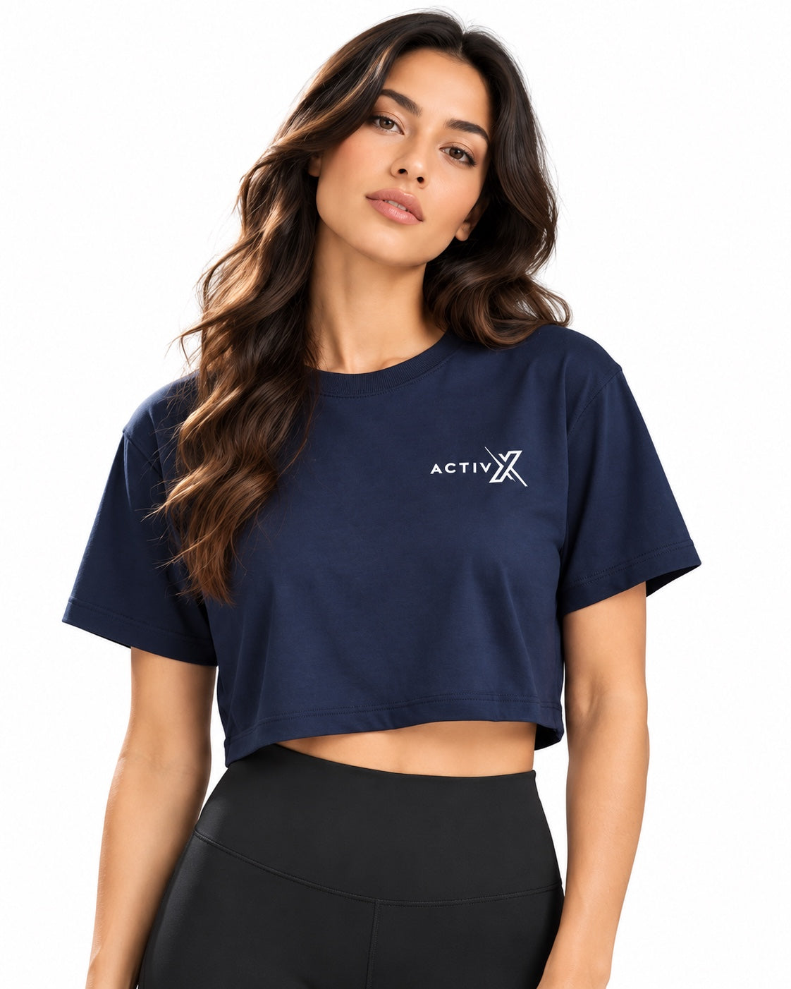 ACTIVX Women's Crop Top in Navy — front view