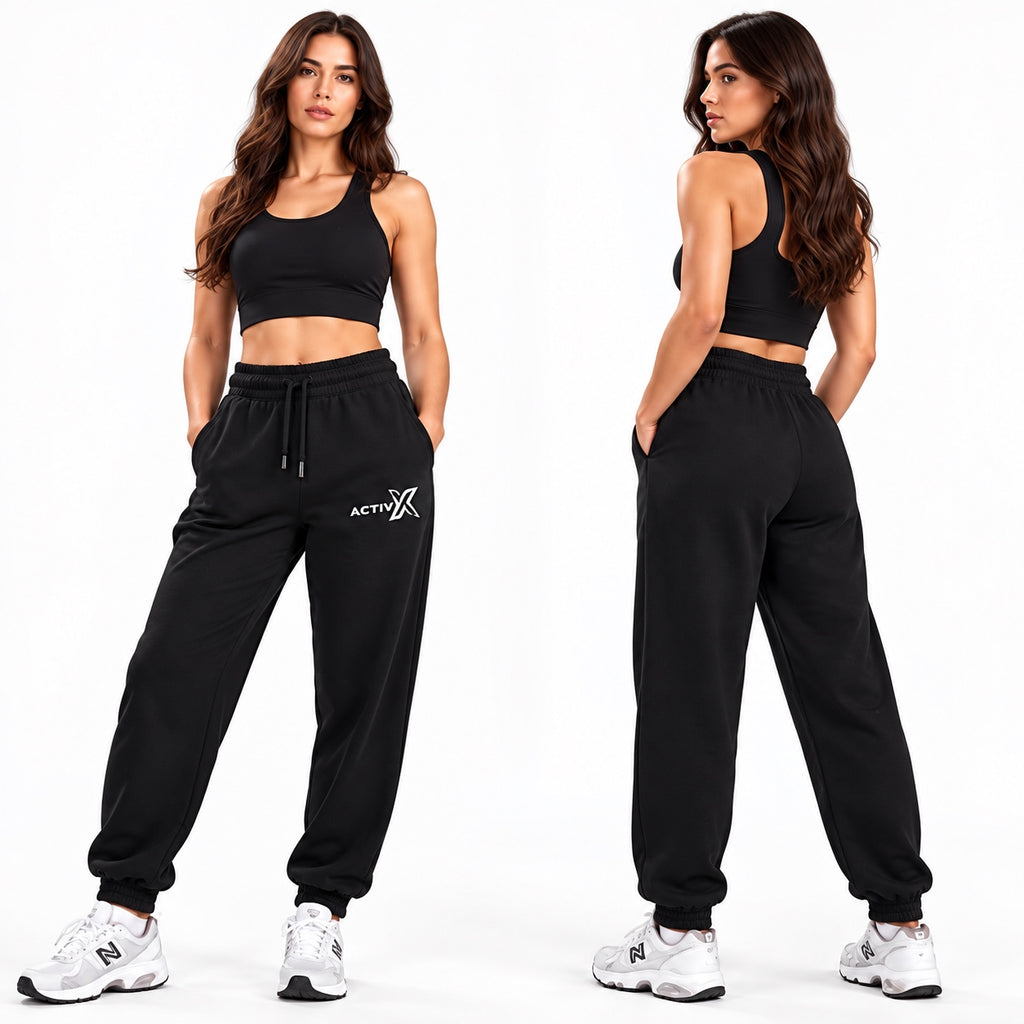 ACTIVX Women's Fleece Joggers in Black — front and back view