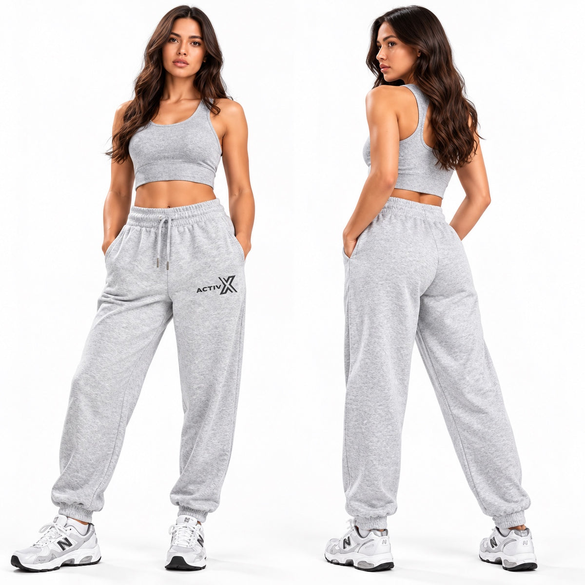 ACTIVX Women's Fleece Joggers in Grey — front and back view