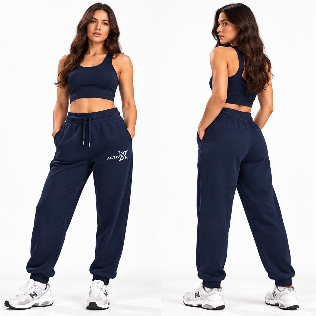 ACTIVX Women's Fleece Joggers in Navy — front and back view