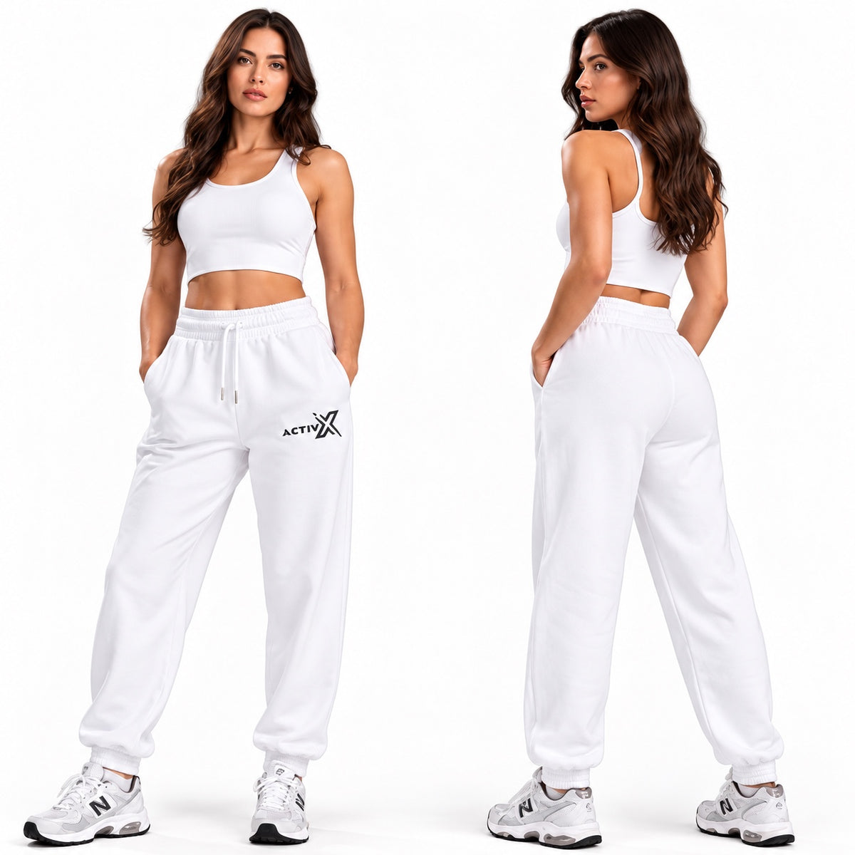 ACTIVX Women's Fleece Joggers in White — front and back view
