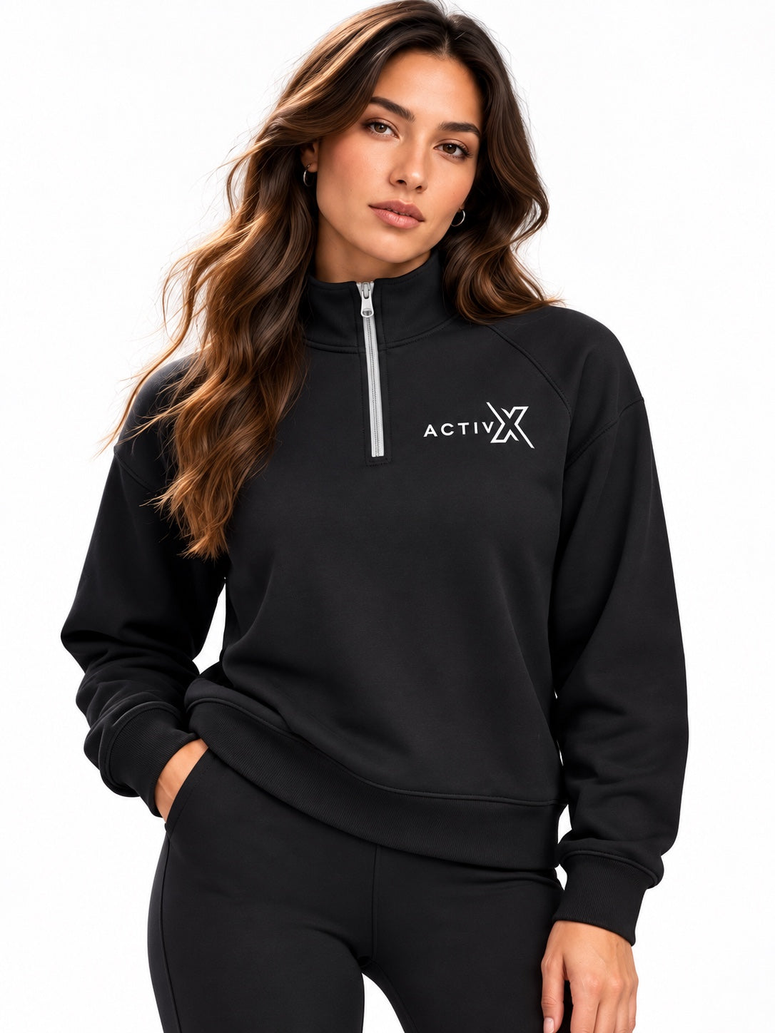 ACTIVX Women's Quarter Zip Sweatshirt in Black — front view