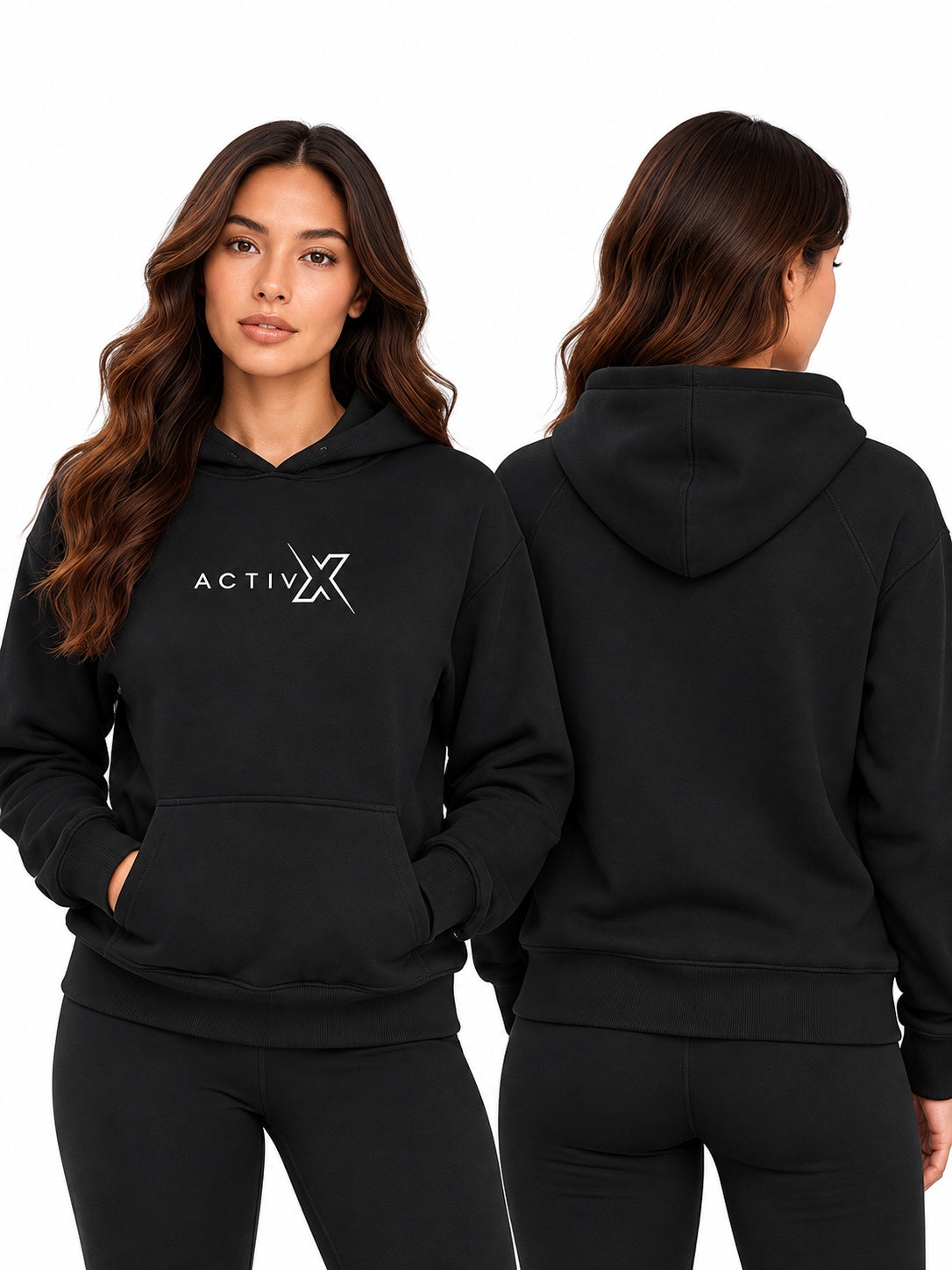 ACTIVX Women's Stringless Hoodie in Black — front and back view